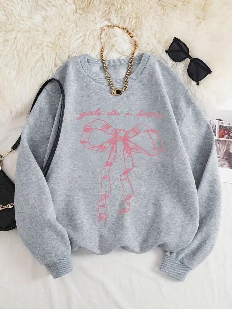 Ribbon Baskılı Gri Unisex Oversize Bisiklet Yaka Sweatshirt