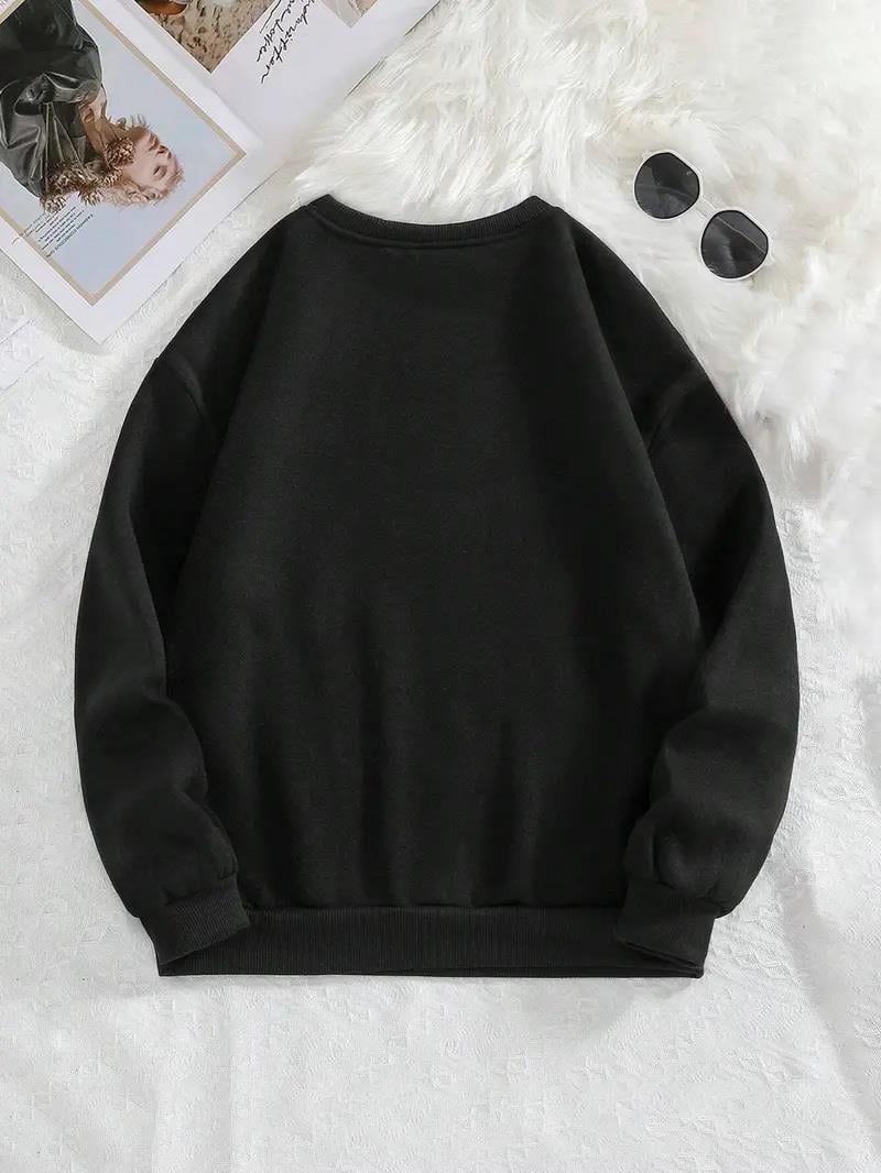 Ribbon Baskılı Siyah Unisex Oversize Bisiklet Yaka Sweatshirt