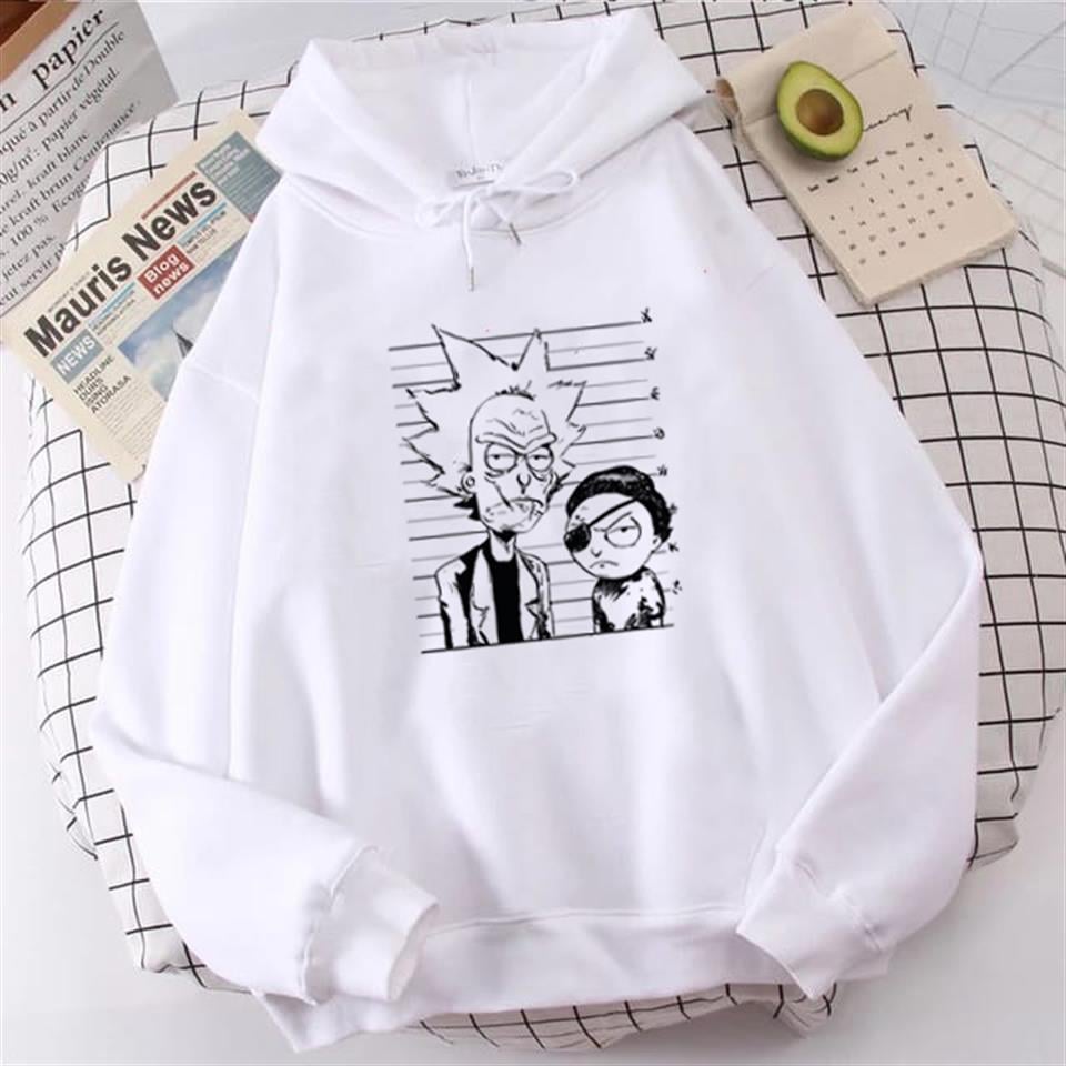 R&M Baskılı Beyaz Unisex Kapüşonlu Oversize Sweatshirt Hoodie
