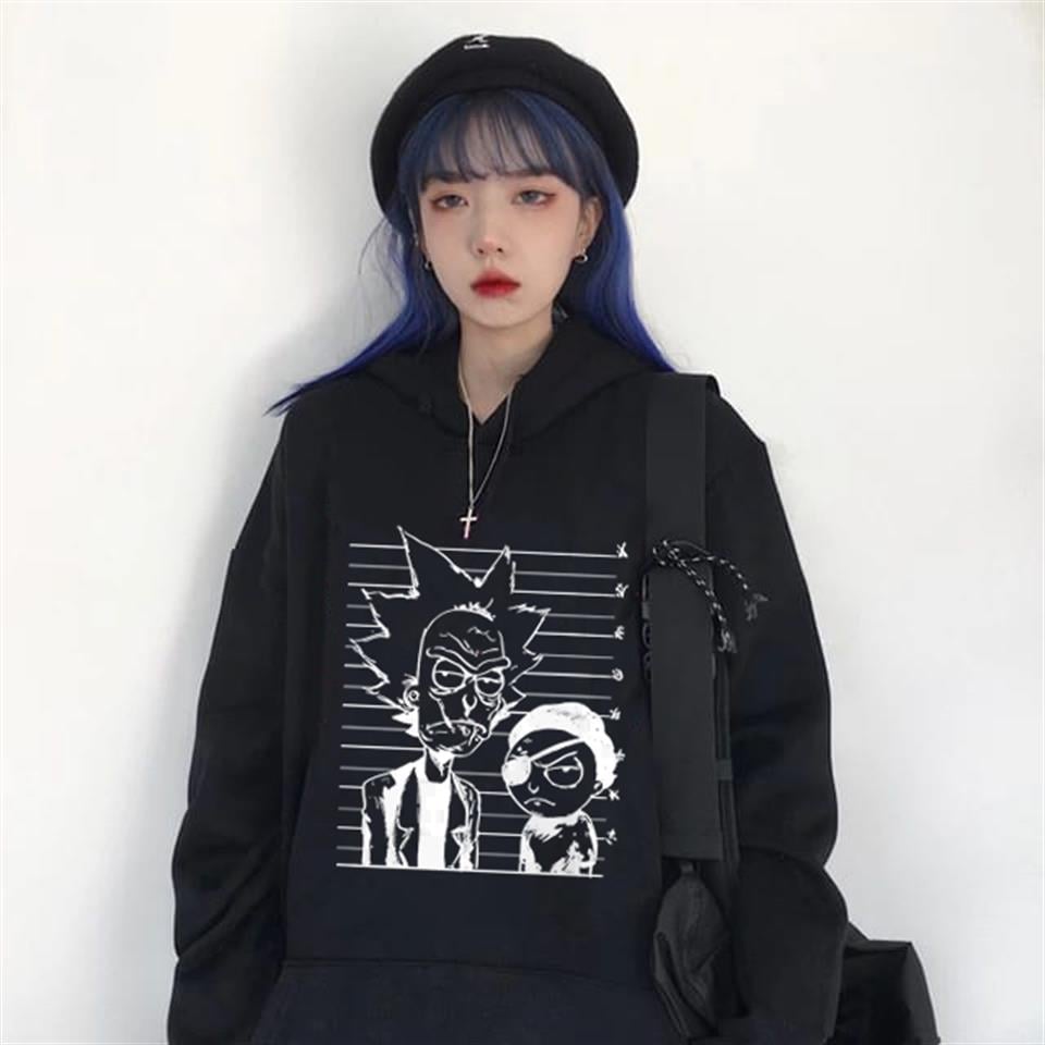 R&M Baskılı Siyah Unisex Kapüşonlu Oversize Sweatshirt Hoodie