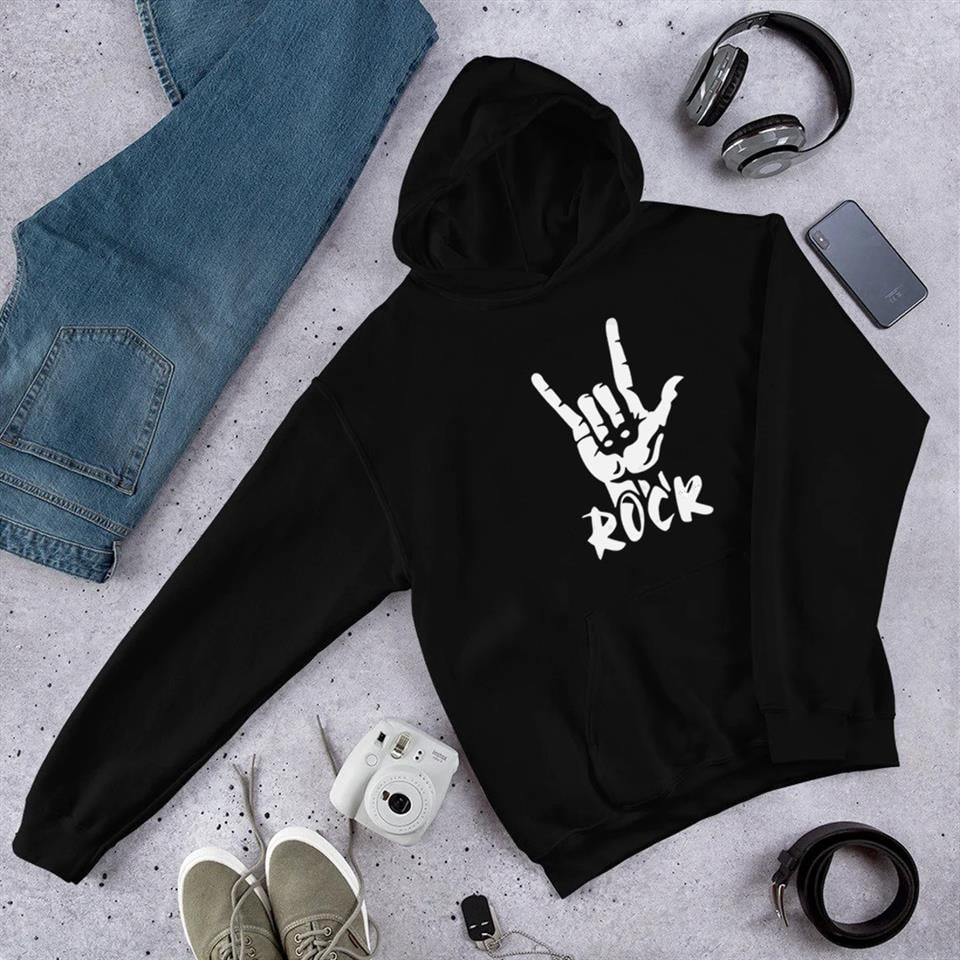 Rock Baskılı Siyah Unisex Kapüşonlu Oversize Sweatshirt Hoodie
