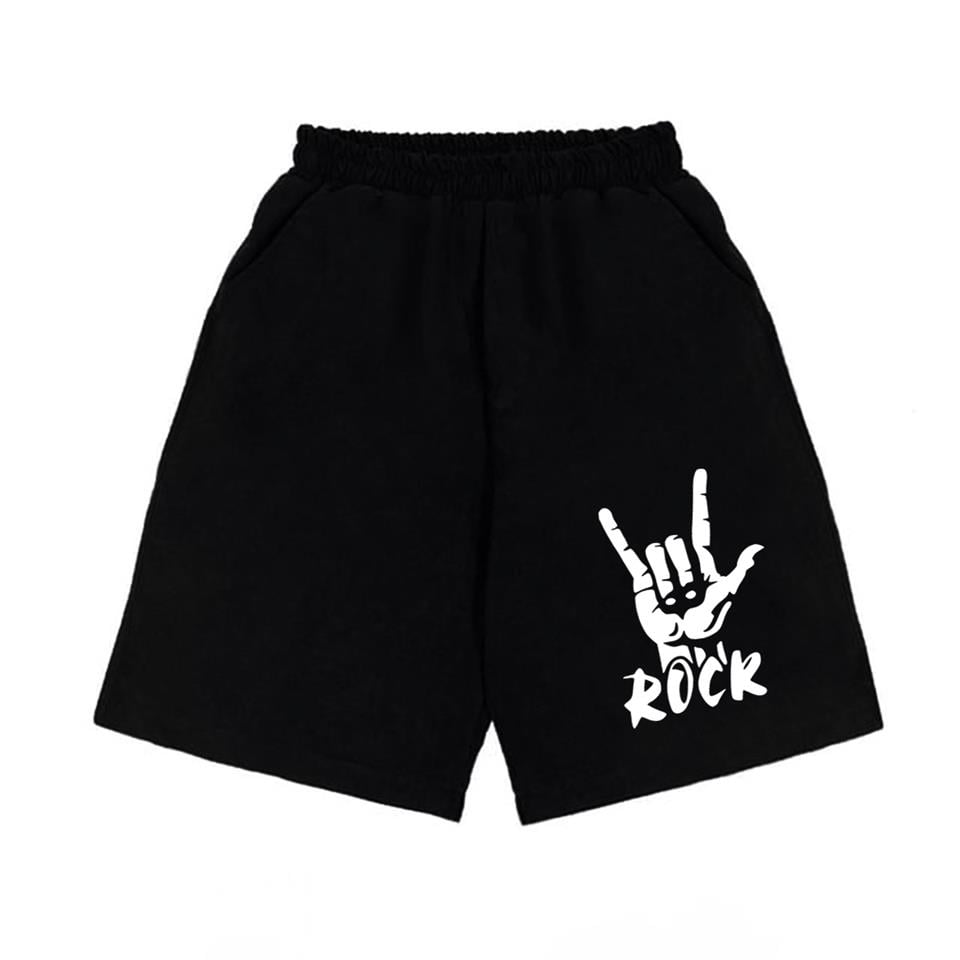 Rock Baskılı Siyah Unisex Penye Şort