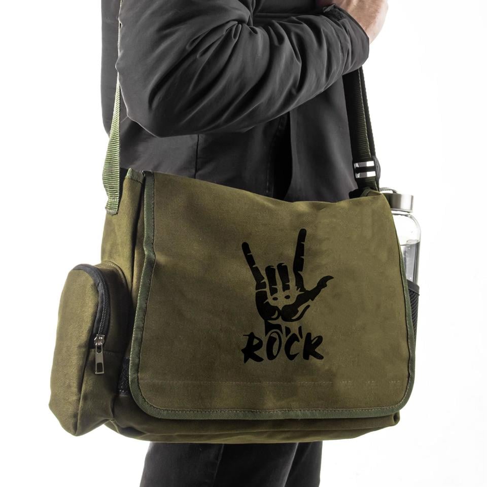Rock Baskılı Unisex Yeşil Postacı Çantası