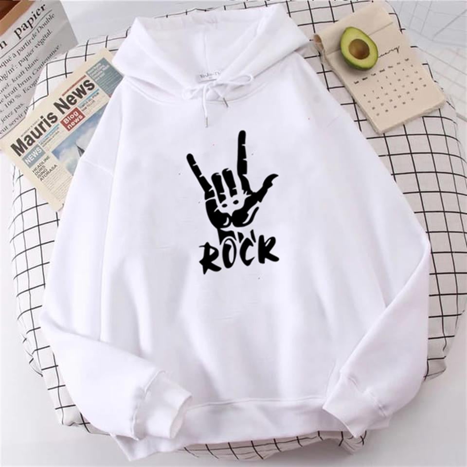 Rock Beyaz Unisex Kapüşonlu Oversize Sweatshirt Hoodie