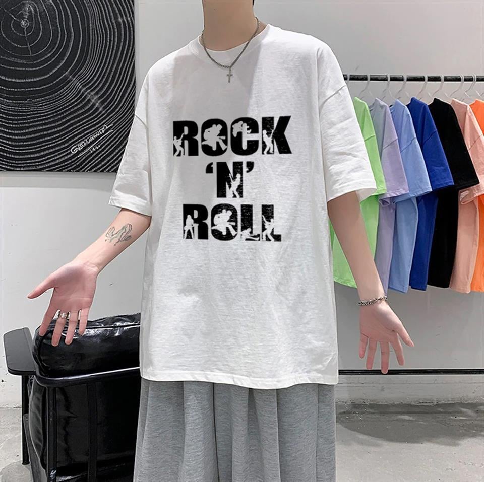 Rock 'N' Roll Baskılı Beyaz Unisex Oversize T-shirt