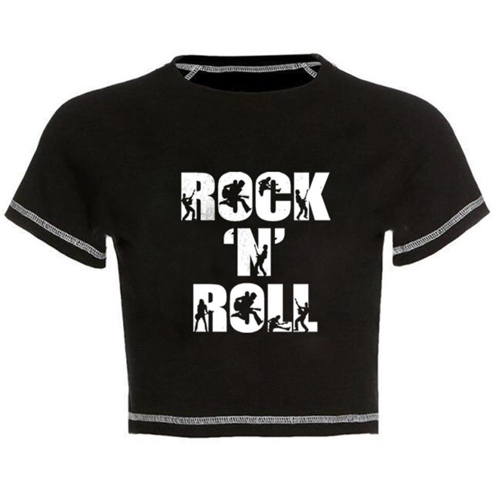 Rock 'N' Roll Baskılı Ters Dikiş Siyah Crop