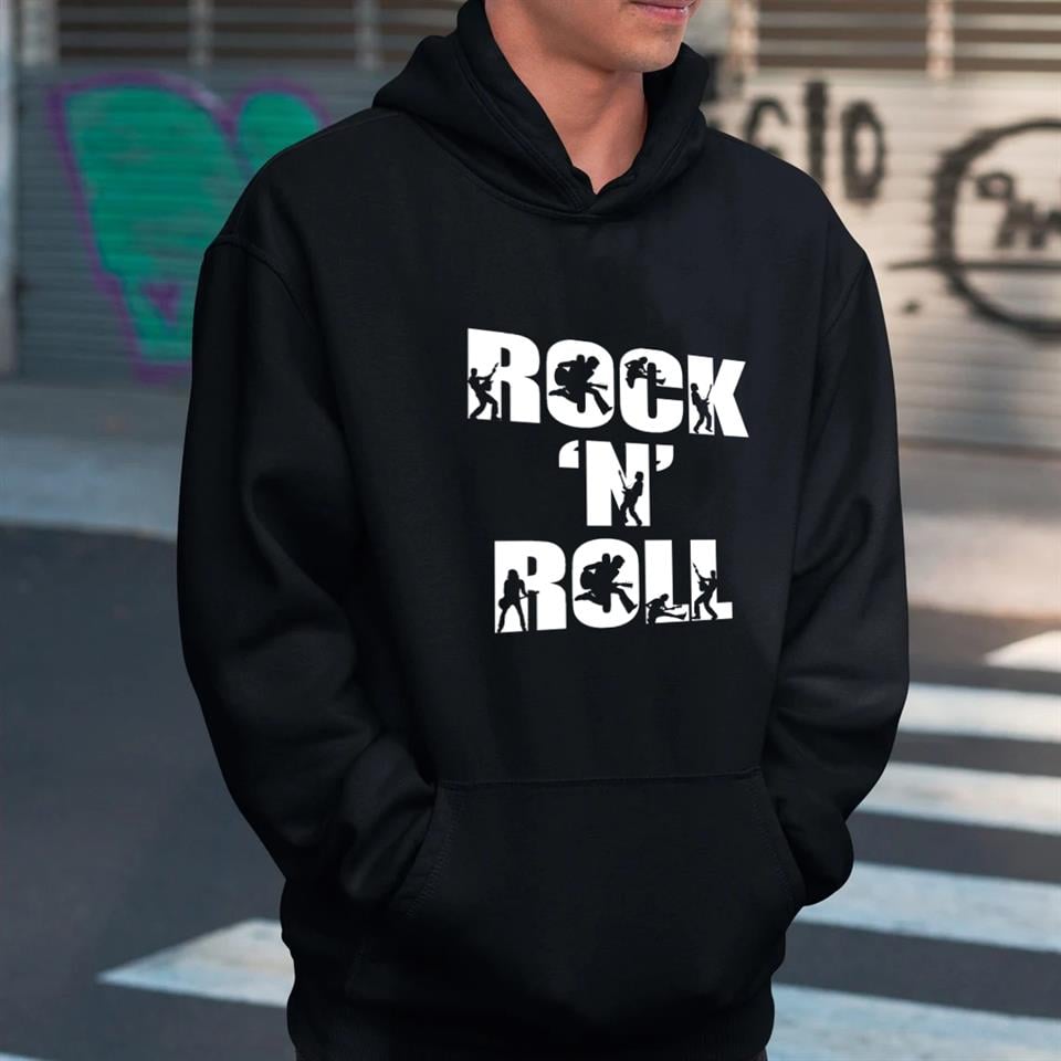 Rock 'N' Roll Siyah Unisex Kapüşonlu Oversize Sweatshirt Hoodie