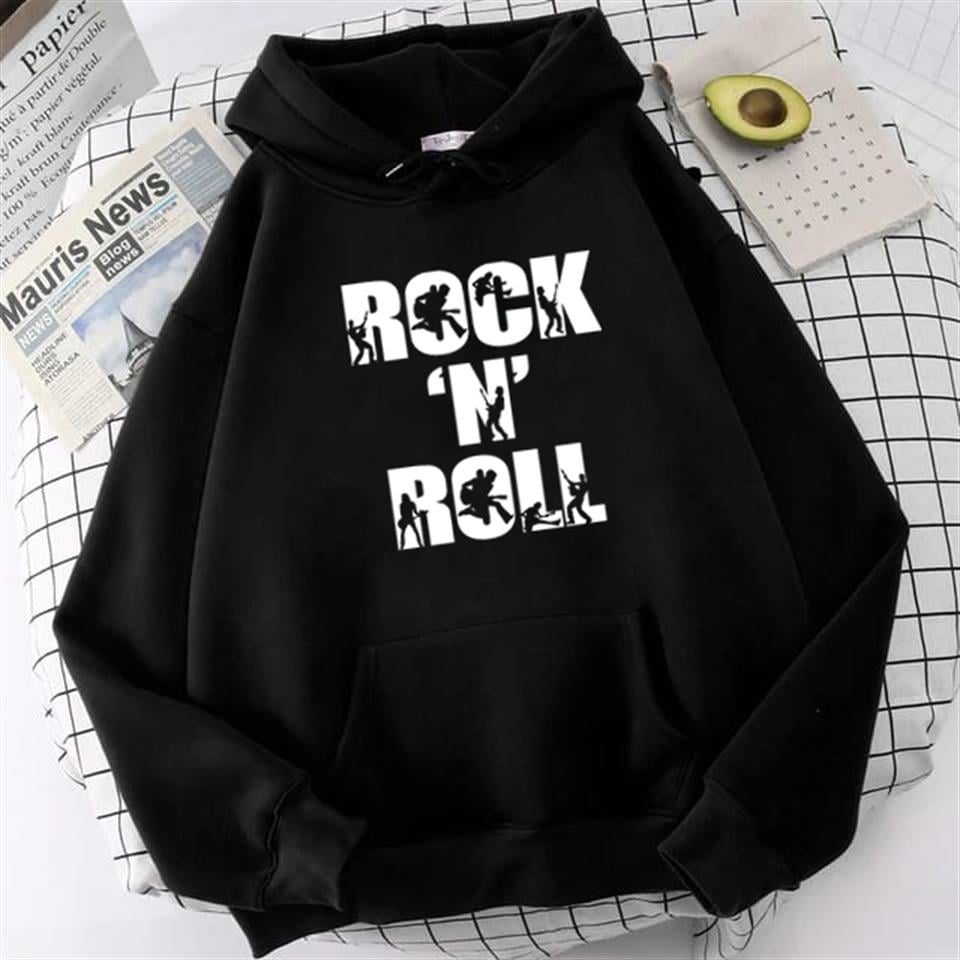 Rock 'N' Roll Siyah Unisex Kapüşonlu Oversize Sweatshirt Hoodie