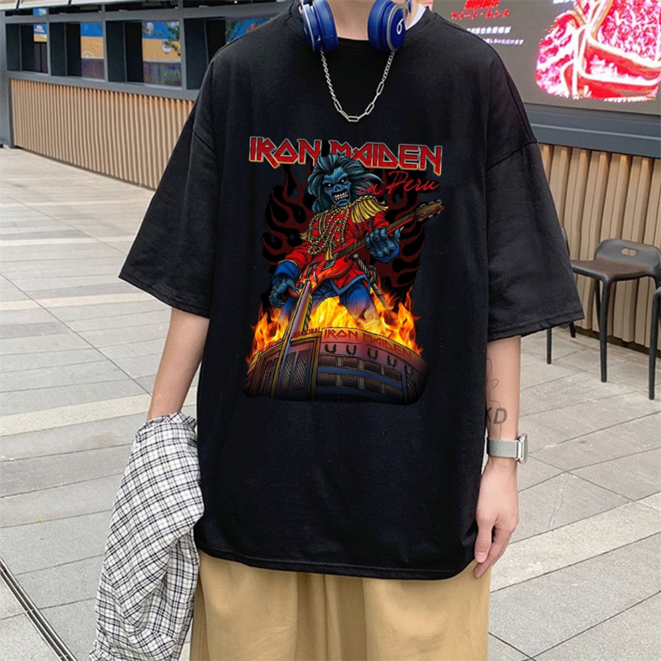Rock Serisi Iron Maiden Baskılı Siyah Unisex Oversize T-shirt