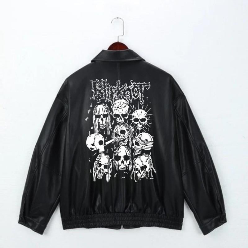 Rock Serisi Slipknot Baskılı Streetwear Siyah Oversize Unisex Astarlı Deri Ceket