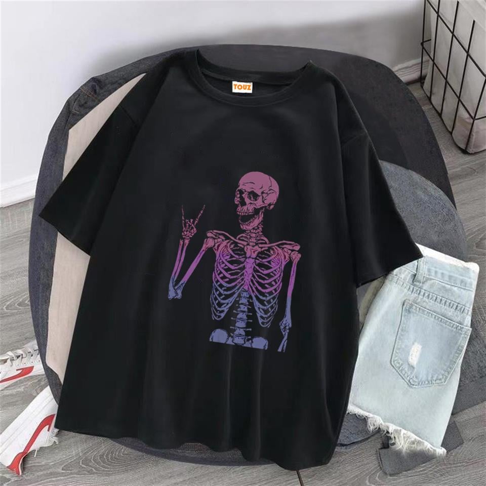 Rock Skeleton Baskılı Siyah Unisex Oversize T-shirt