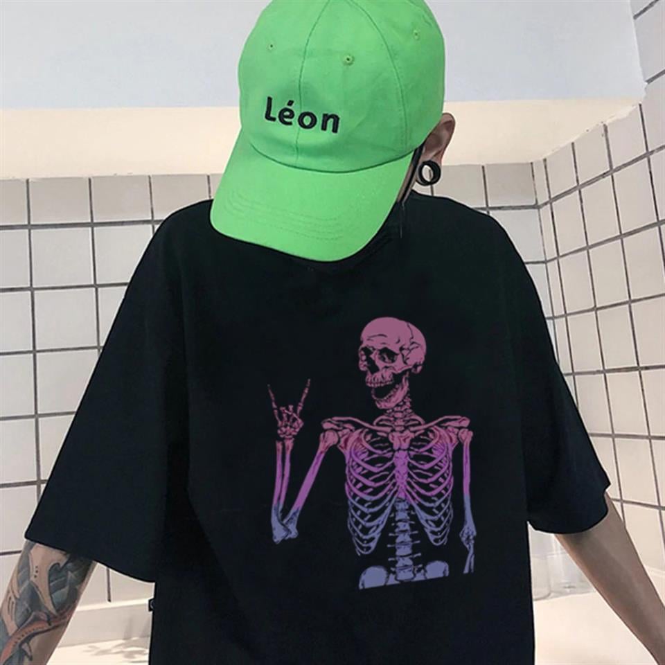 Rock Skeleton Baskılı Siyah Unisex Oversize T-shirt