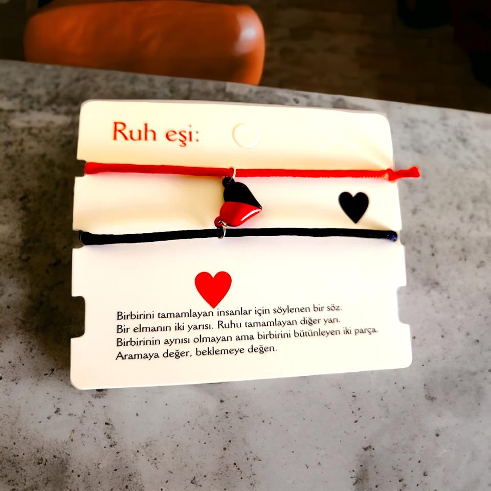 Ruh Eşi Çift Sevgili Bilekliği Siyah Kırmızı Kalp