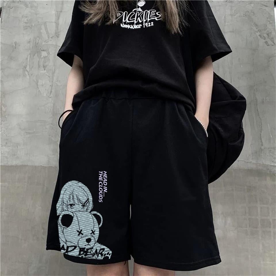 Sad Bear & Girl Baskılı Siyah Unisex Penye Şort