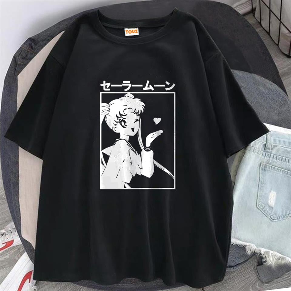 Sailor Moon Baskılı Siyah Unisex Oversize T-shirt