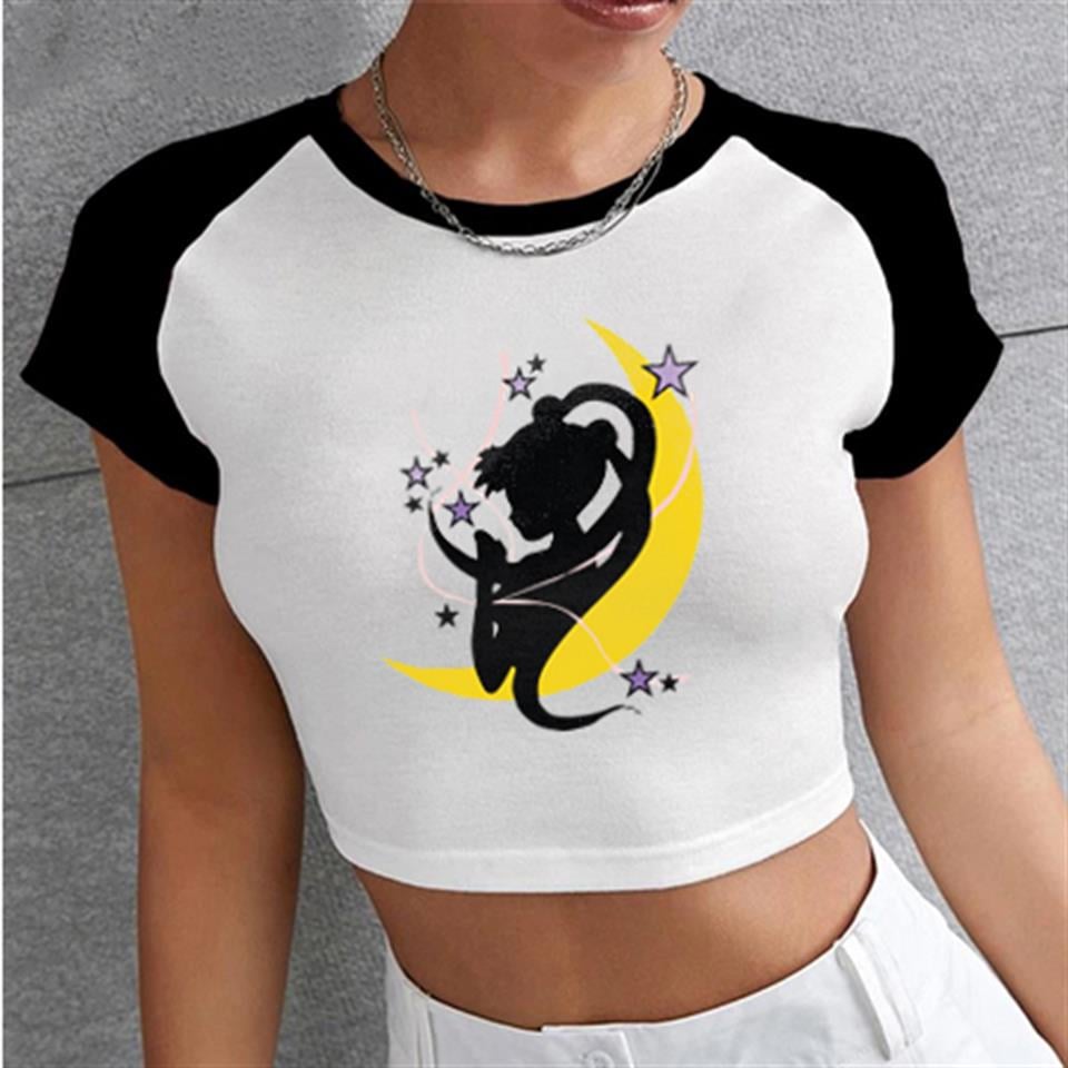 Sailor Moon Usagi Tsukino Baskılı Reglan Kol Beyaz Crop