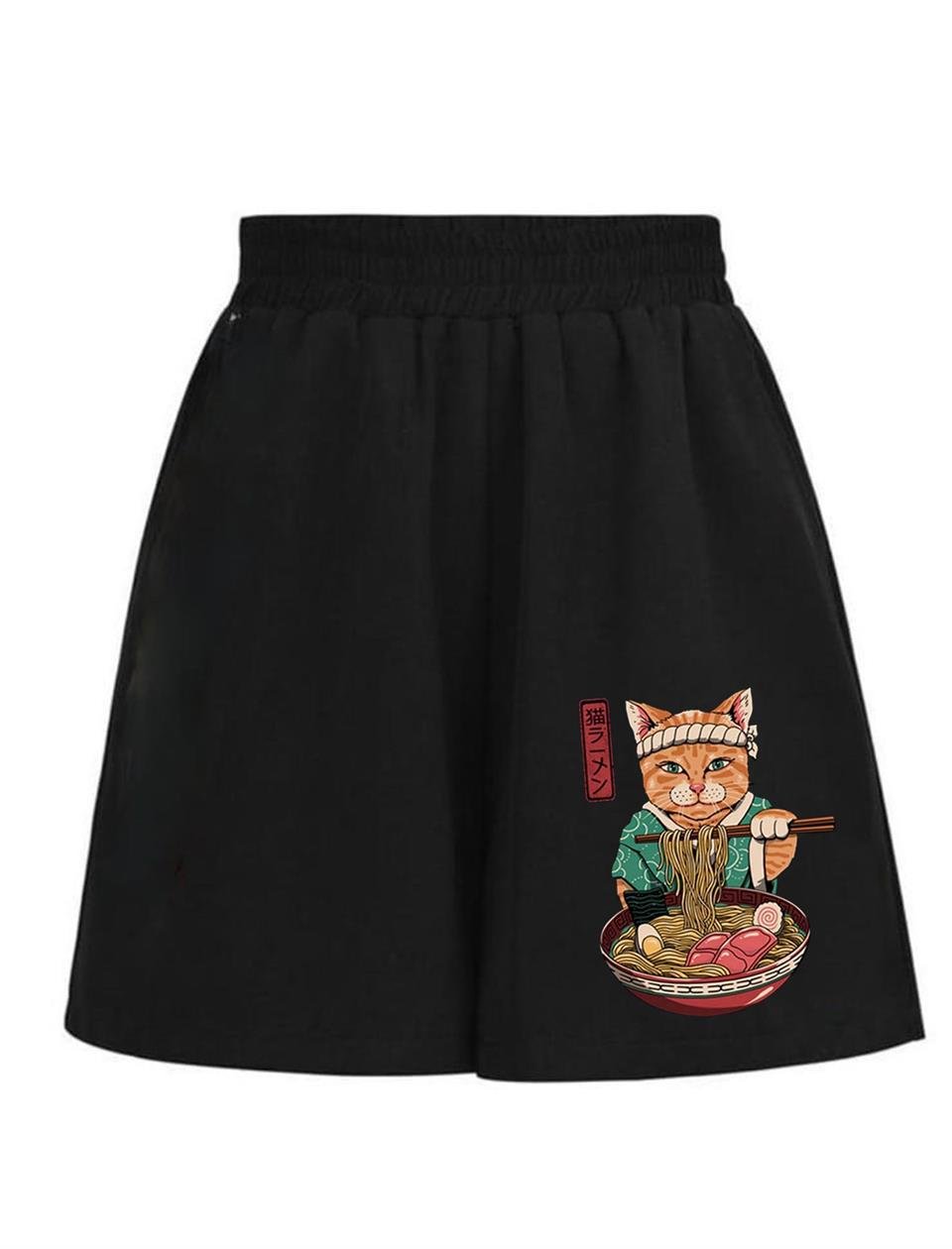 Samurai Cat Spaghetti Baskılı Siyah Unisex Penye Şort
