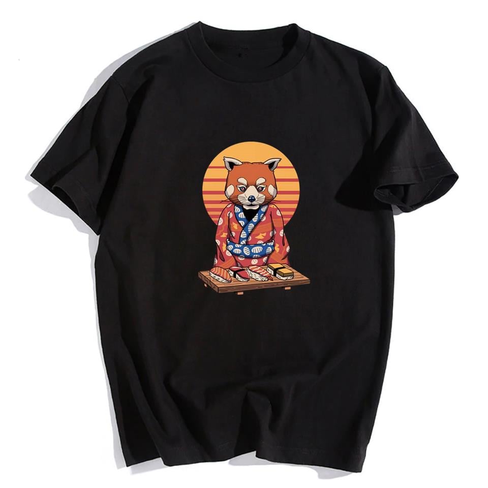 Samurai Cat Sushi Siyah Unisex Oversize T-shirt