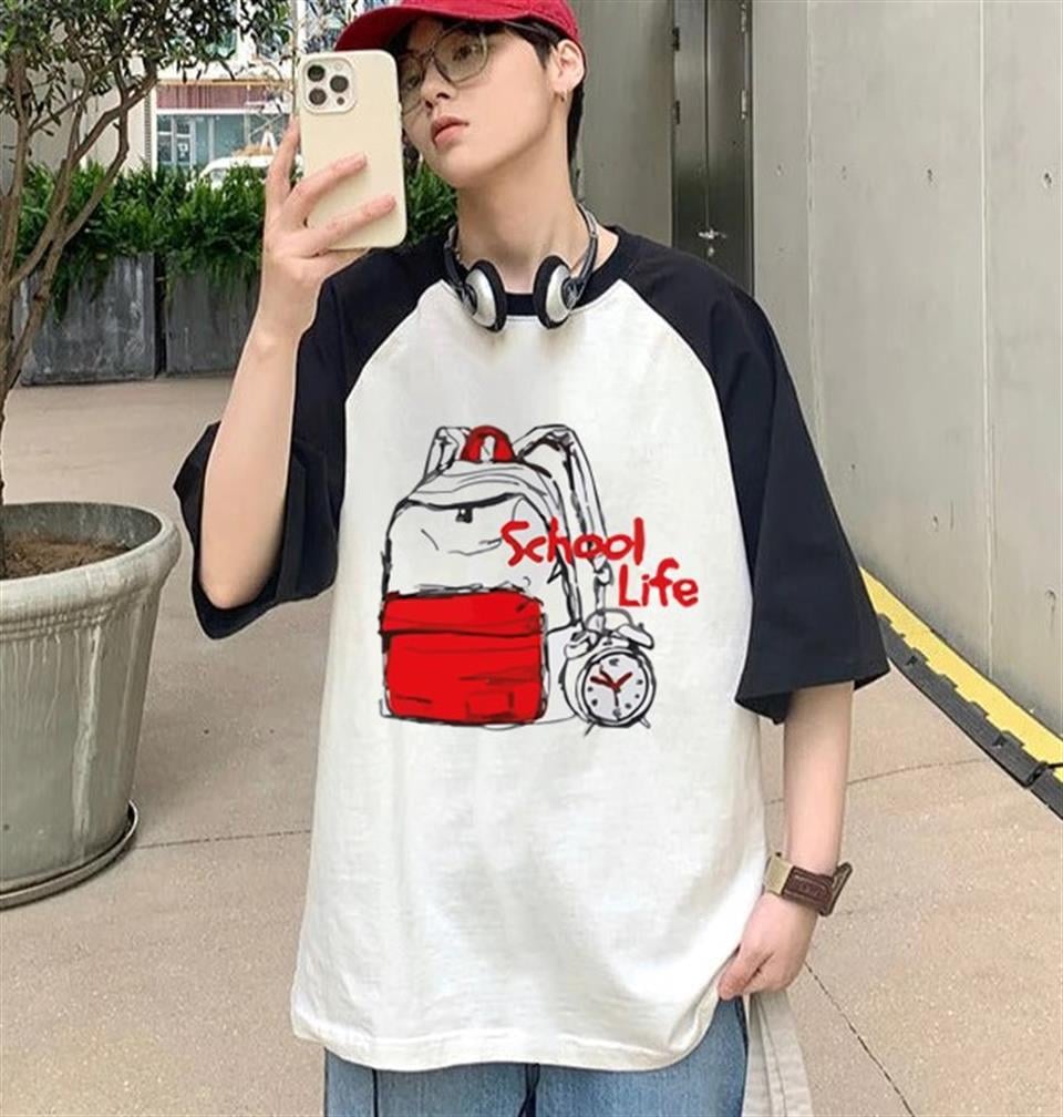 School Life Baskılı Reglan Kol Beyaz Unisex Oversize T-shirt