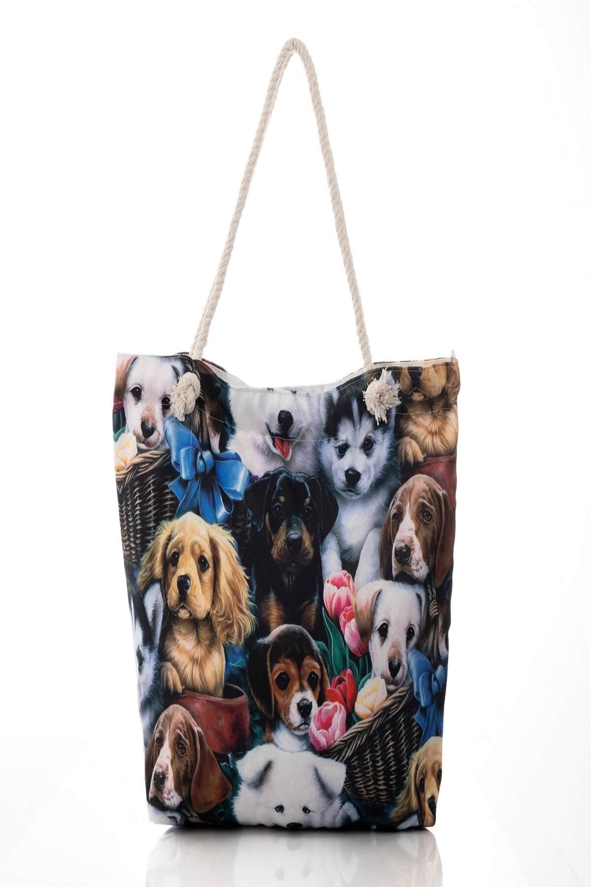 Sevimli Köpekler Fermuarlı İç Astarlı Cepli Plaj Çantası