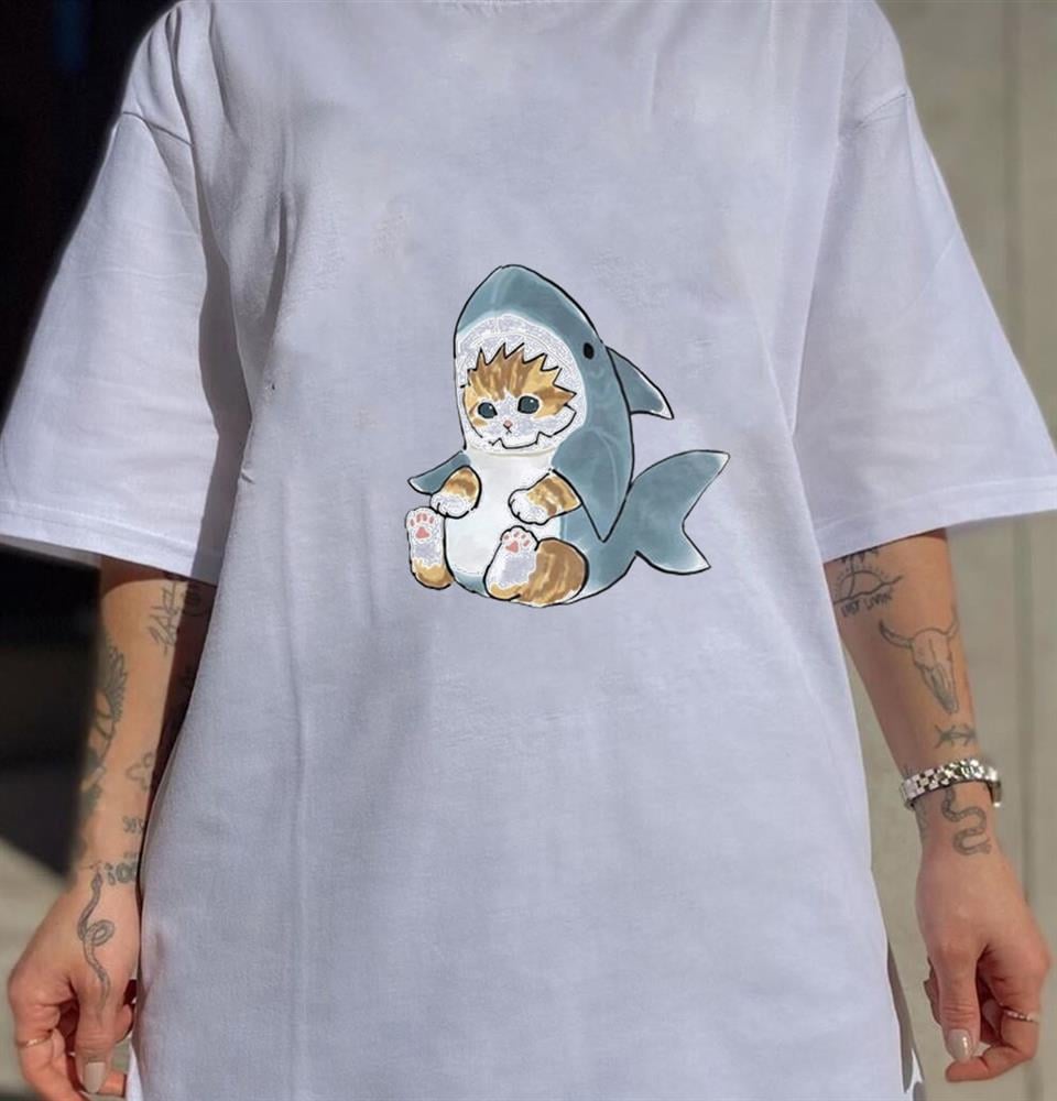 Shark Cat Beyaz Unisex Oversize T-shirt