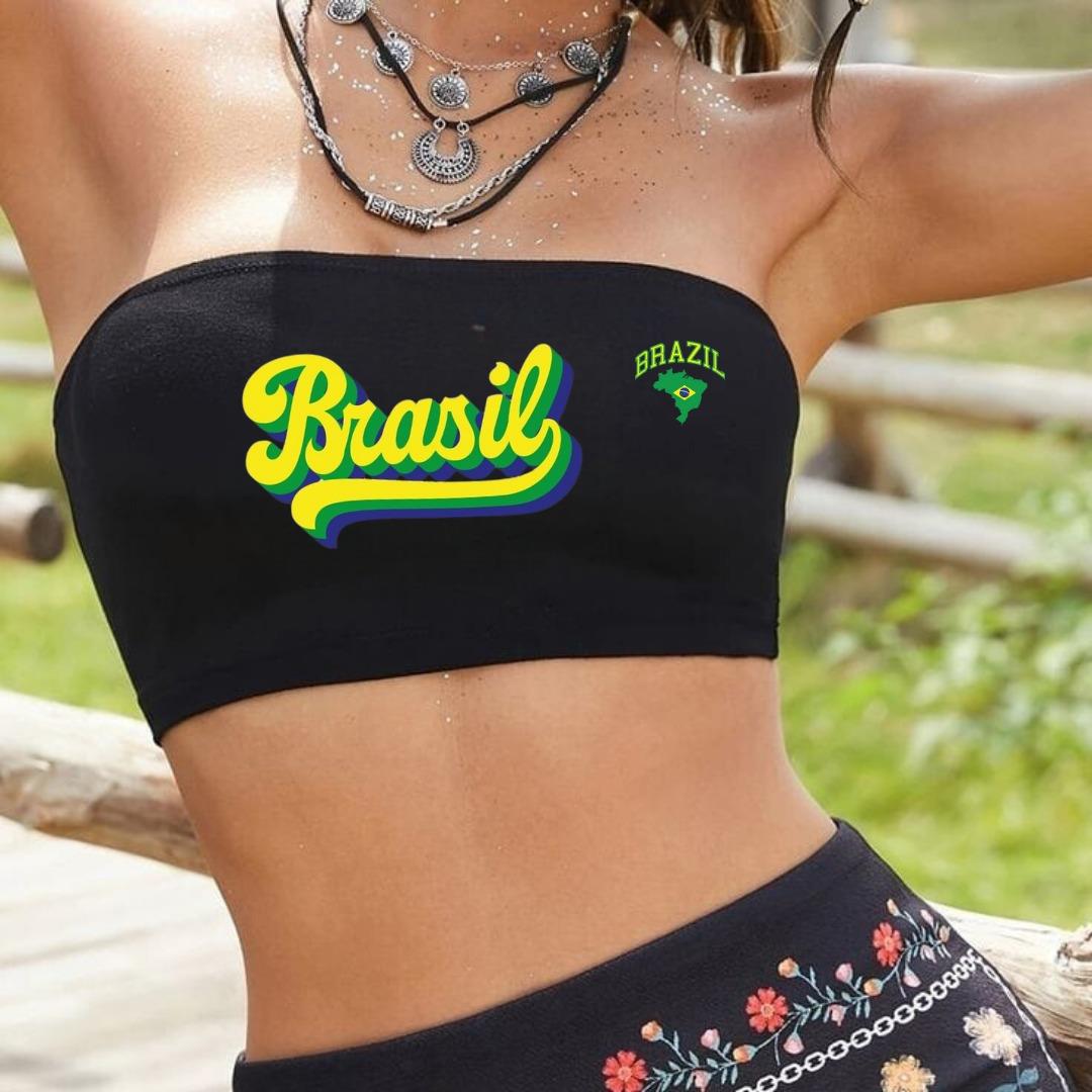 Siyah Brazil Baskılı Likralı Pamuklu Penye Straplez 