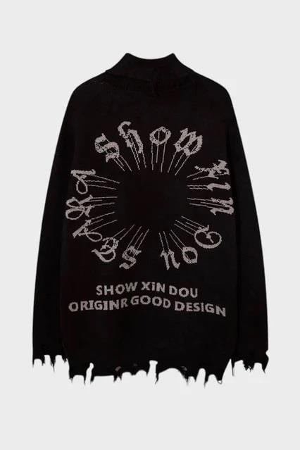 Siyah Gothic Show Xin Dou Yırtık Oversize Triko Kazak