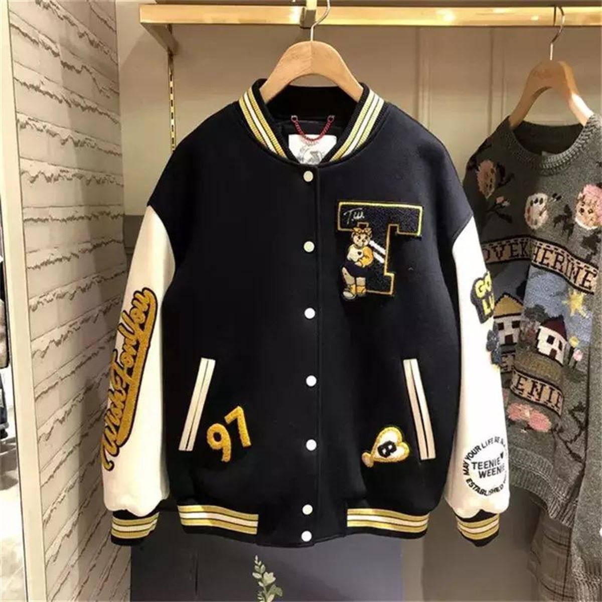 Siyah Harajuku Bear Oversize Unisex Kolej Ceket