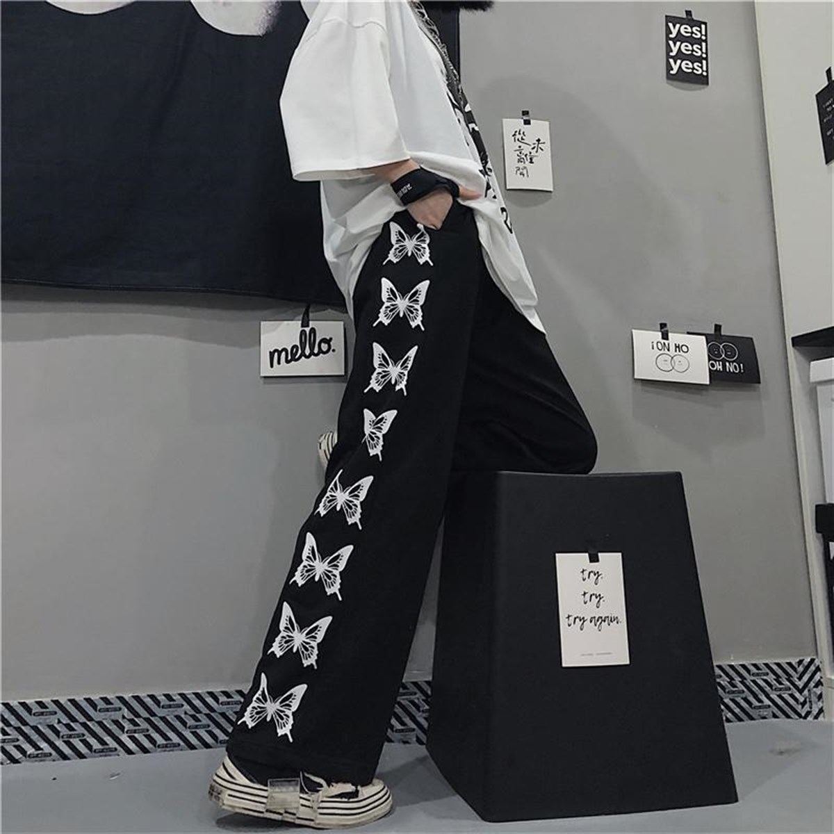 Siyah Harajuku Retro Unisex Butterfly Bol Paça Eşofman Altı