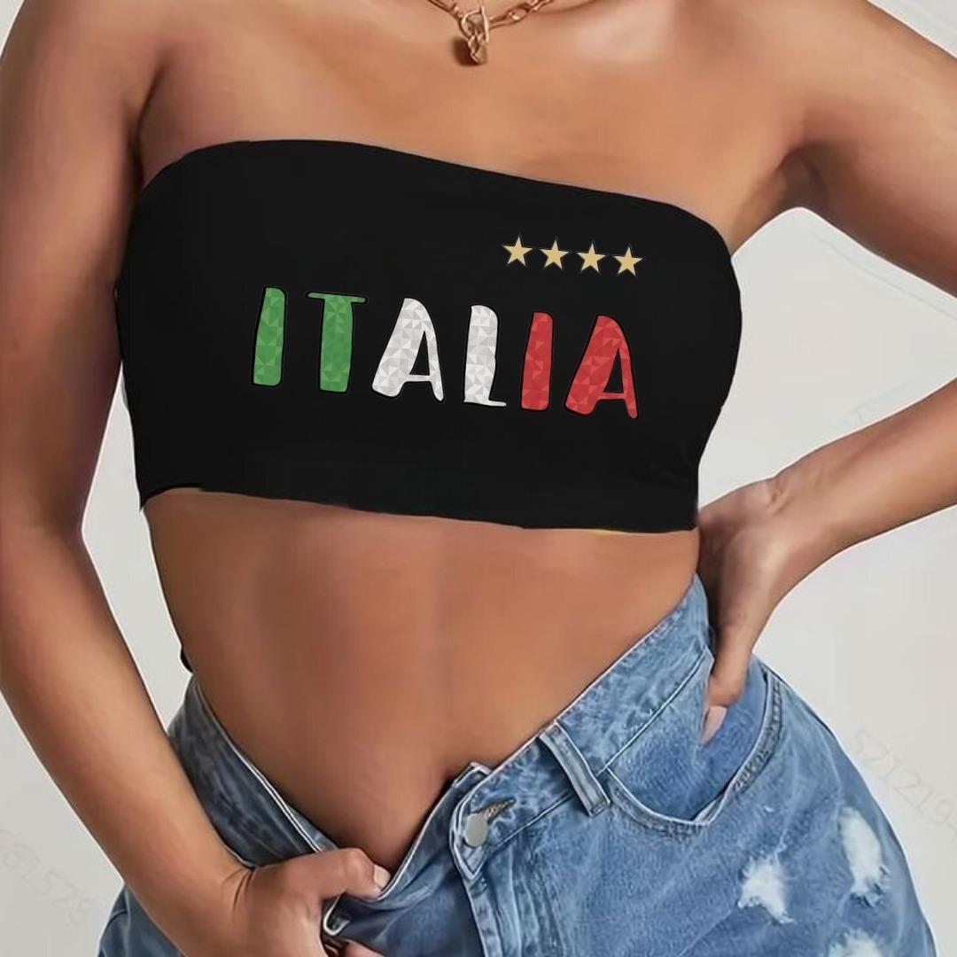 Siyah Italia Baskılı Likralı Pamuklu Penye Straplez 