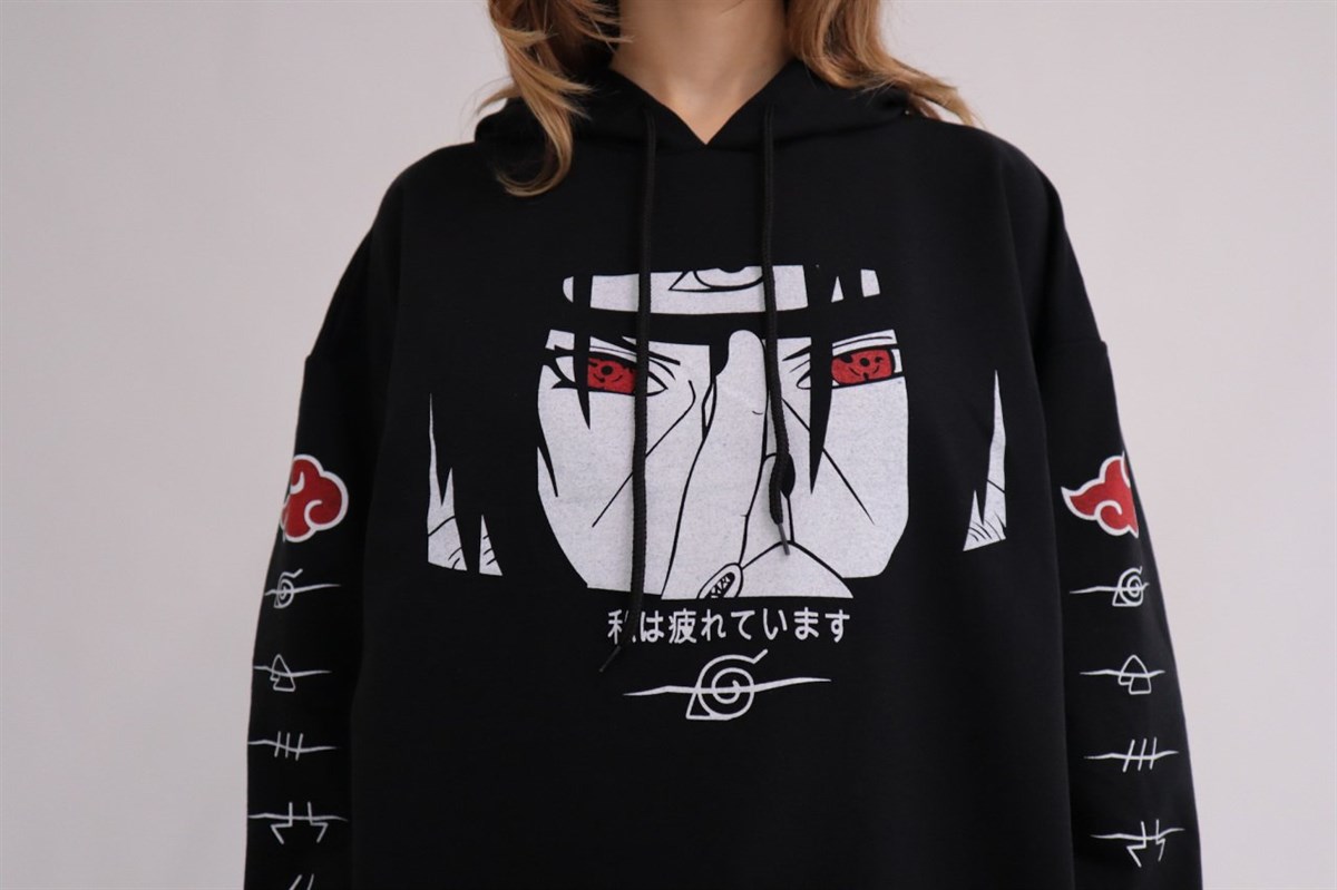 Siyah Kapüşonlu Anime Naruto Uchiha Sweatshirt