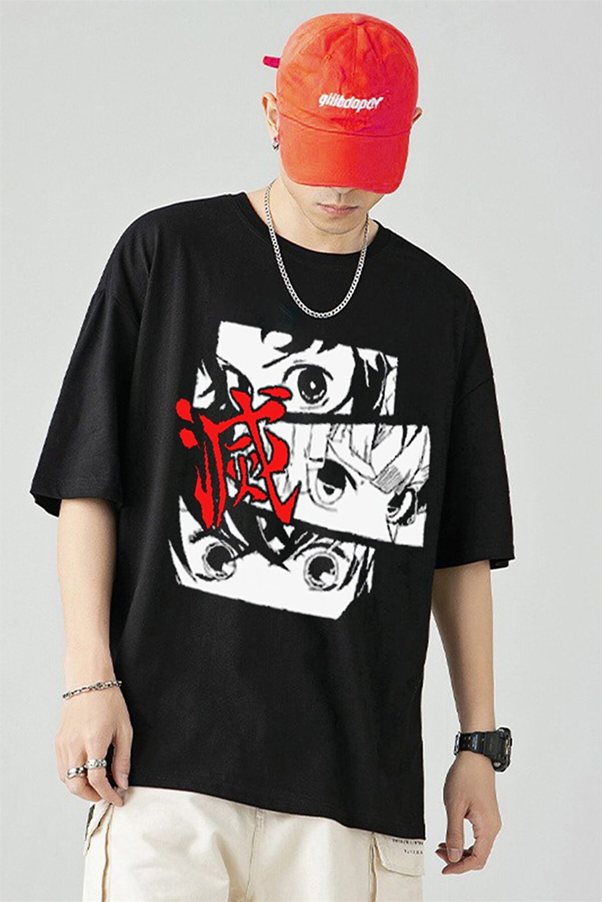 Siyah Renk Demon Slayer Büyük Baskılı Unisex Geniş Kesim Unisex Anime T-shirt