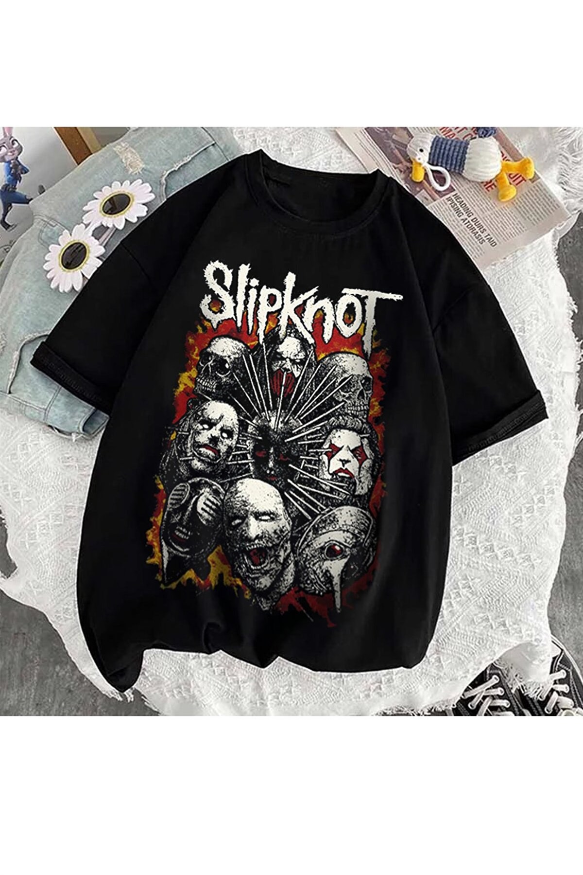 Siyah Renk Slipknot Baskılı Geniş Kesim Unisex T-shirt