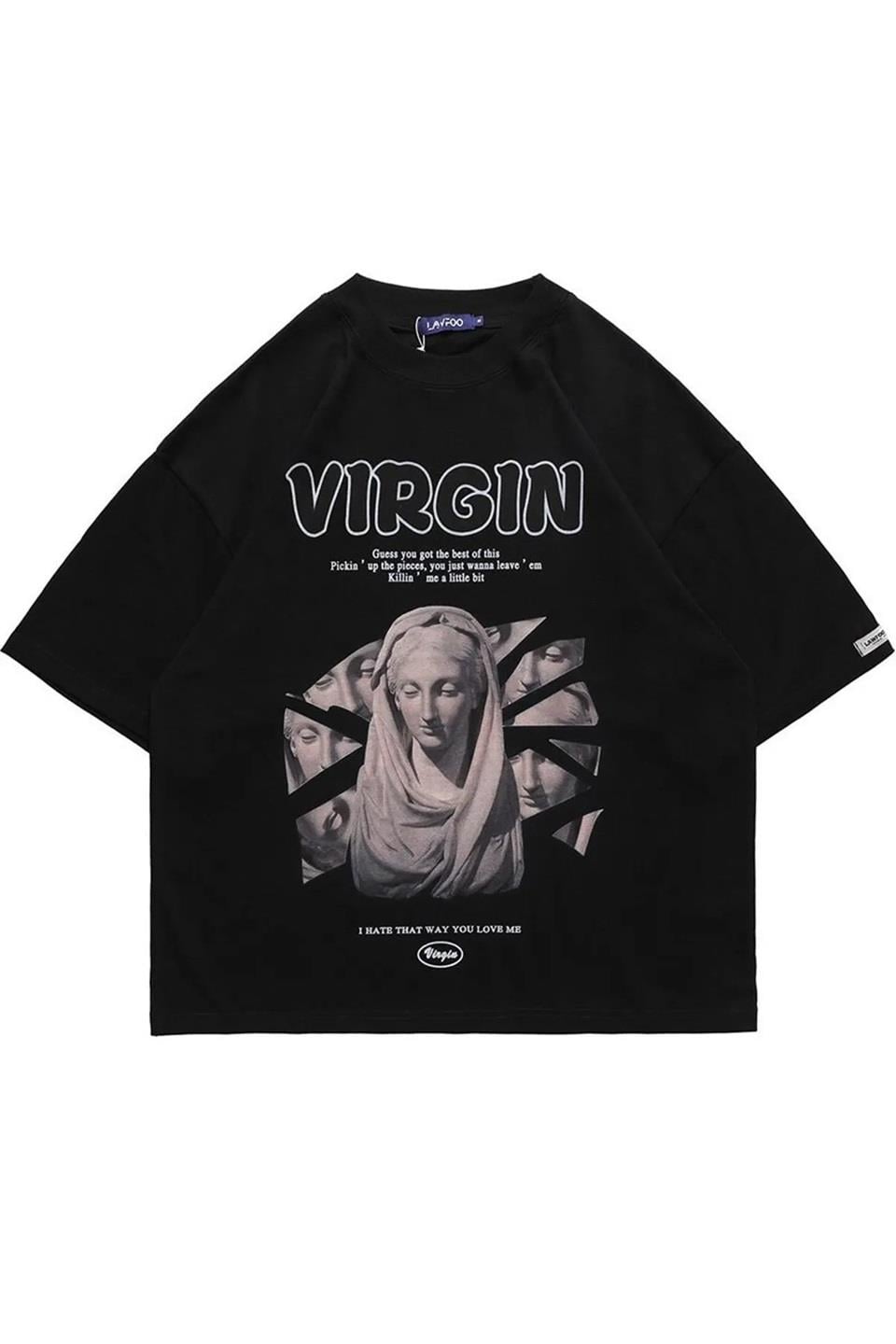 Siyah Virgin Baskılı Oversize T-Shirt