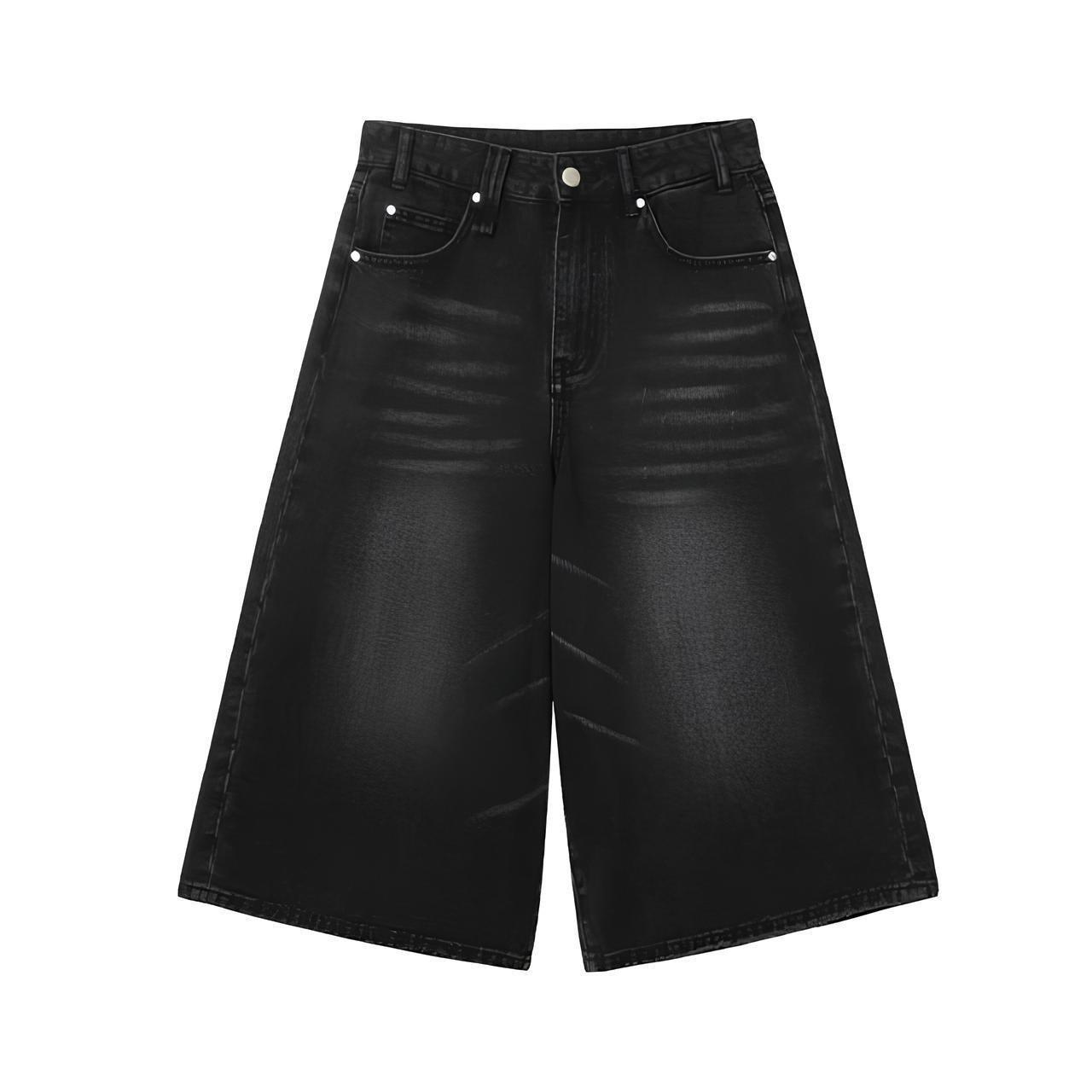 Siyah Yıkamalı Kumaş Y2K Unisex Baggy Oversize Kalıp Kot Pantolon Şort