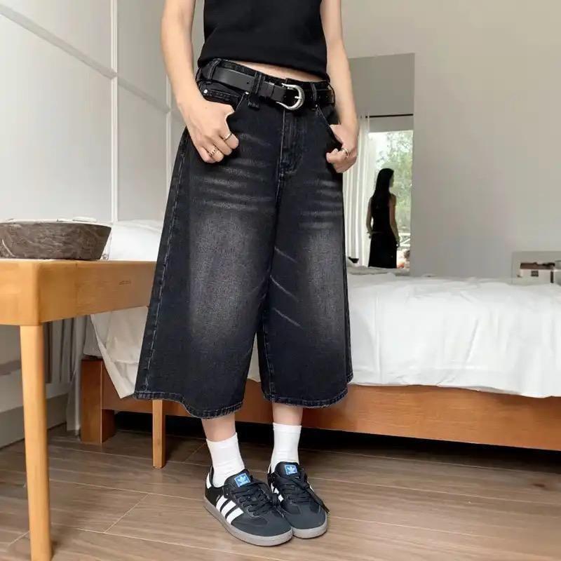 Siyah Yıkamalı Kumaş Y2K Unisex Baggy Oversize Kalıp Kot Pantolon Şort