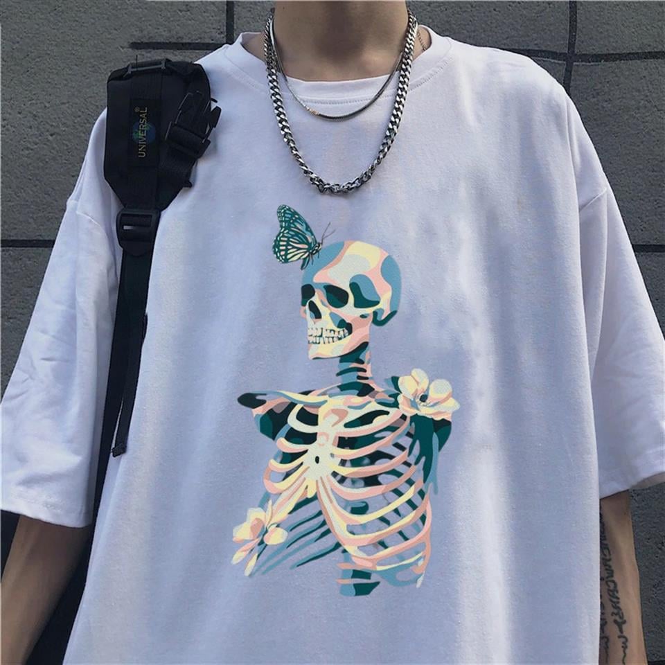Skull Butterfly Baskılı Beyaz Unisex Oversize T-shirt