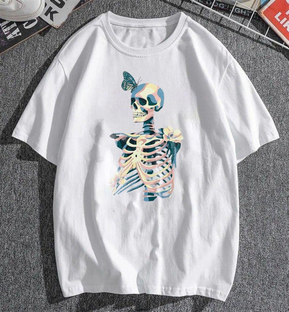 Skull Butterfly Baskılı Beyaz Unisex Oversize T-shirt