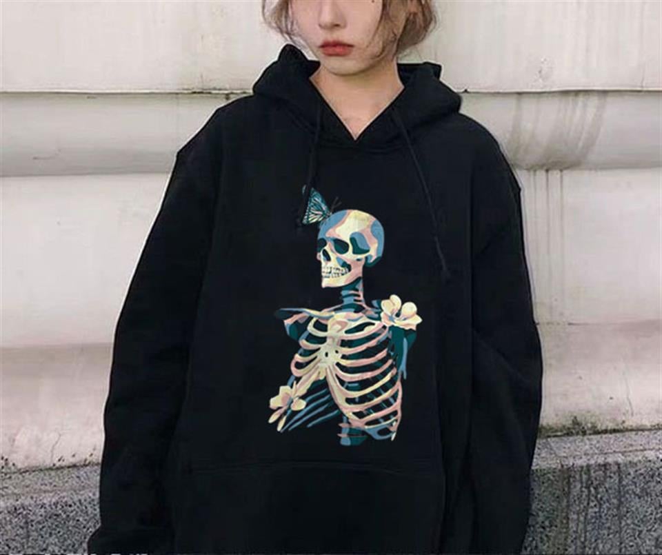 Skull & Butterfly Siyah Unisex Kapüşonlu Oversize Sweatshirt Hoodie