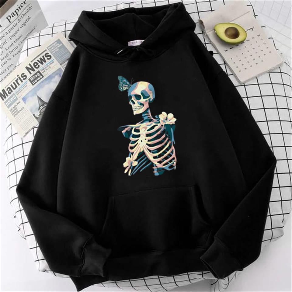 Skull & Butterfly Siyah Unisex Kapüşonlu Oversize Sweatshirt Hoodie