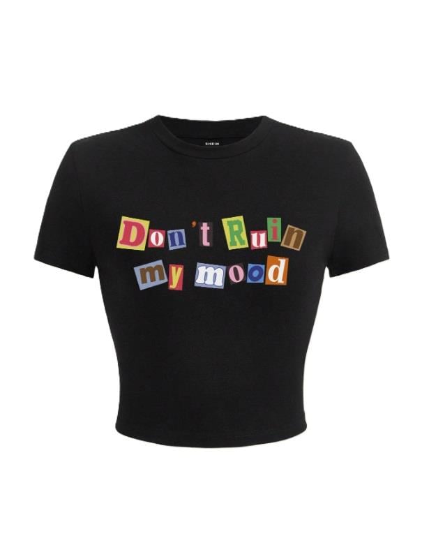 Slogan Baskılı Siyah Crop 