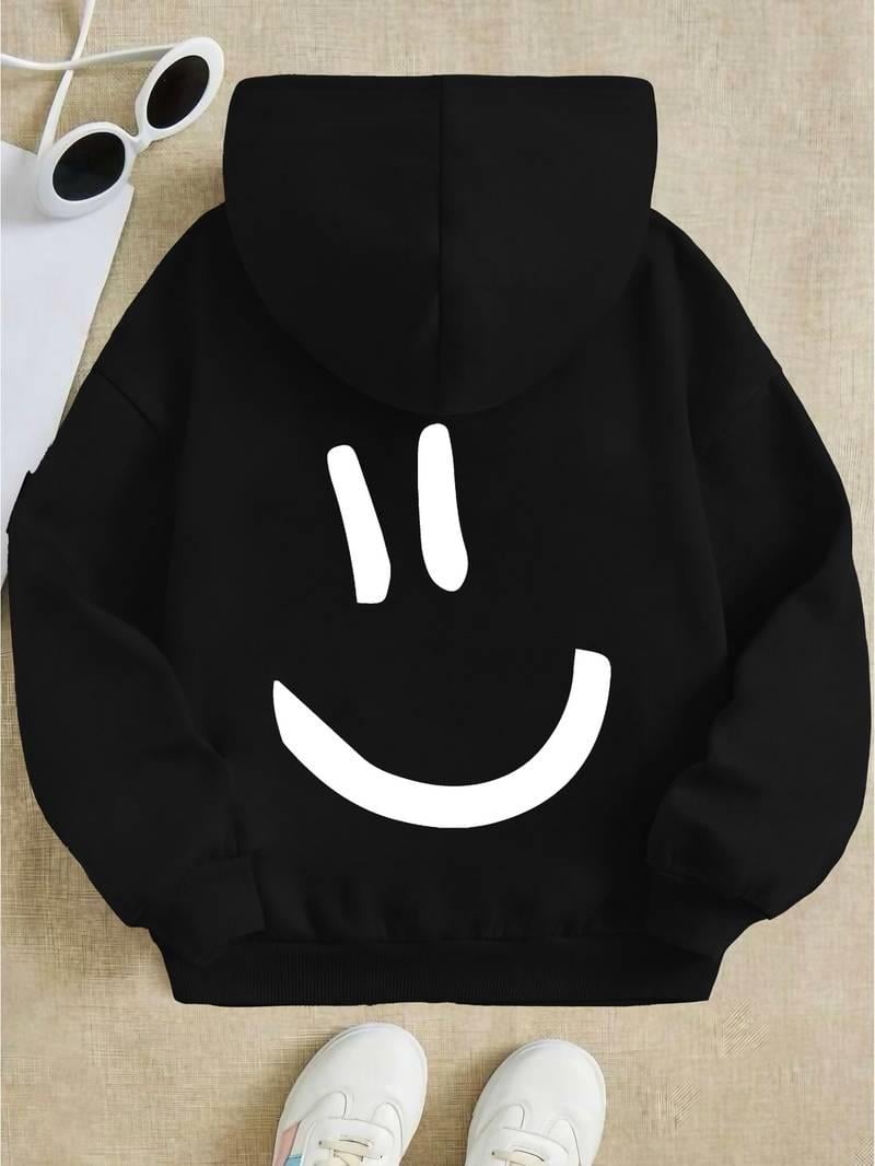 Smile Back Baskılı Siyah Kapşonlu Sweatshirt 