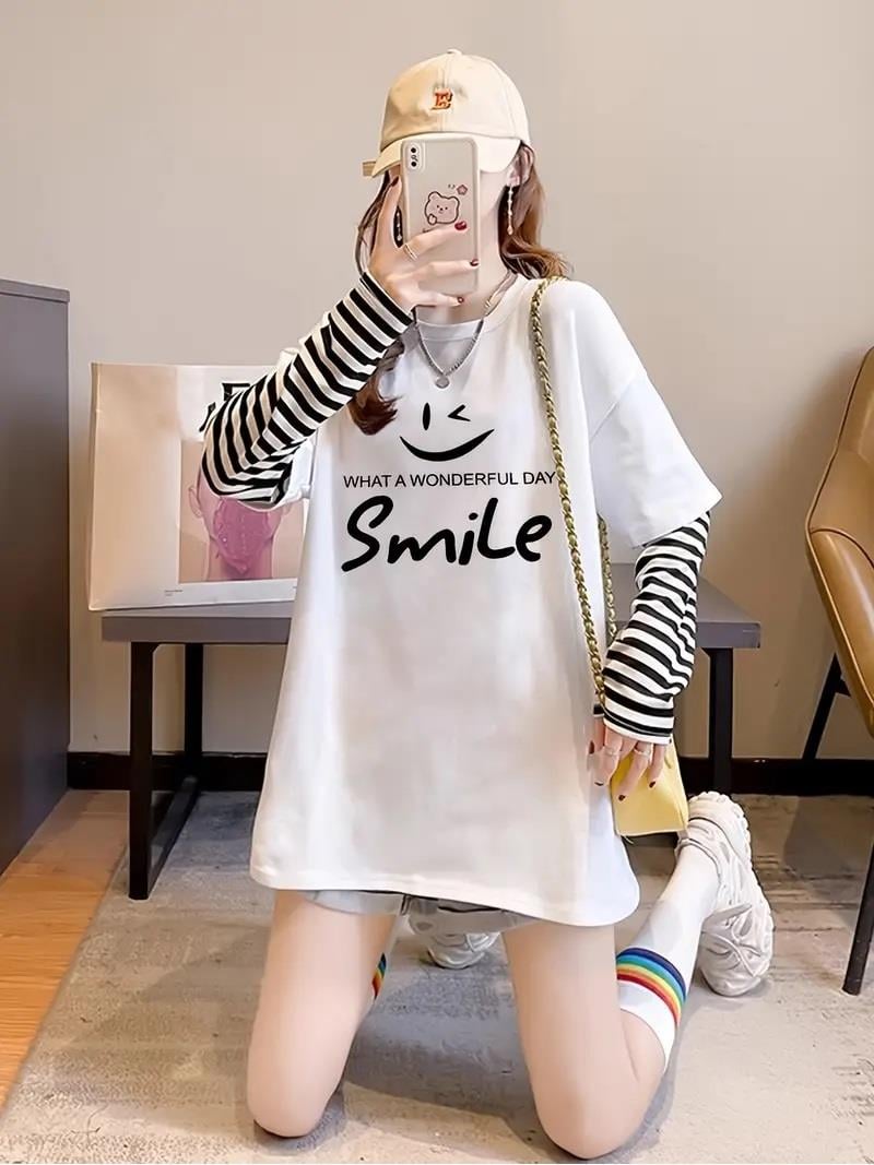 Smile Fake Sleeves Unisex Uzun Kollu Beyaz T-Shirt