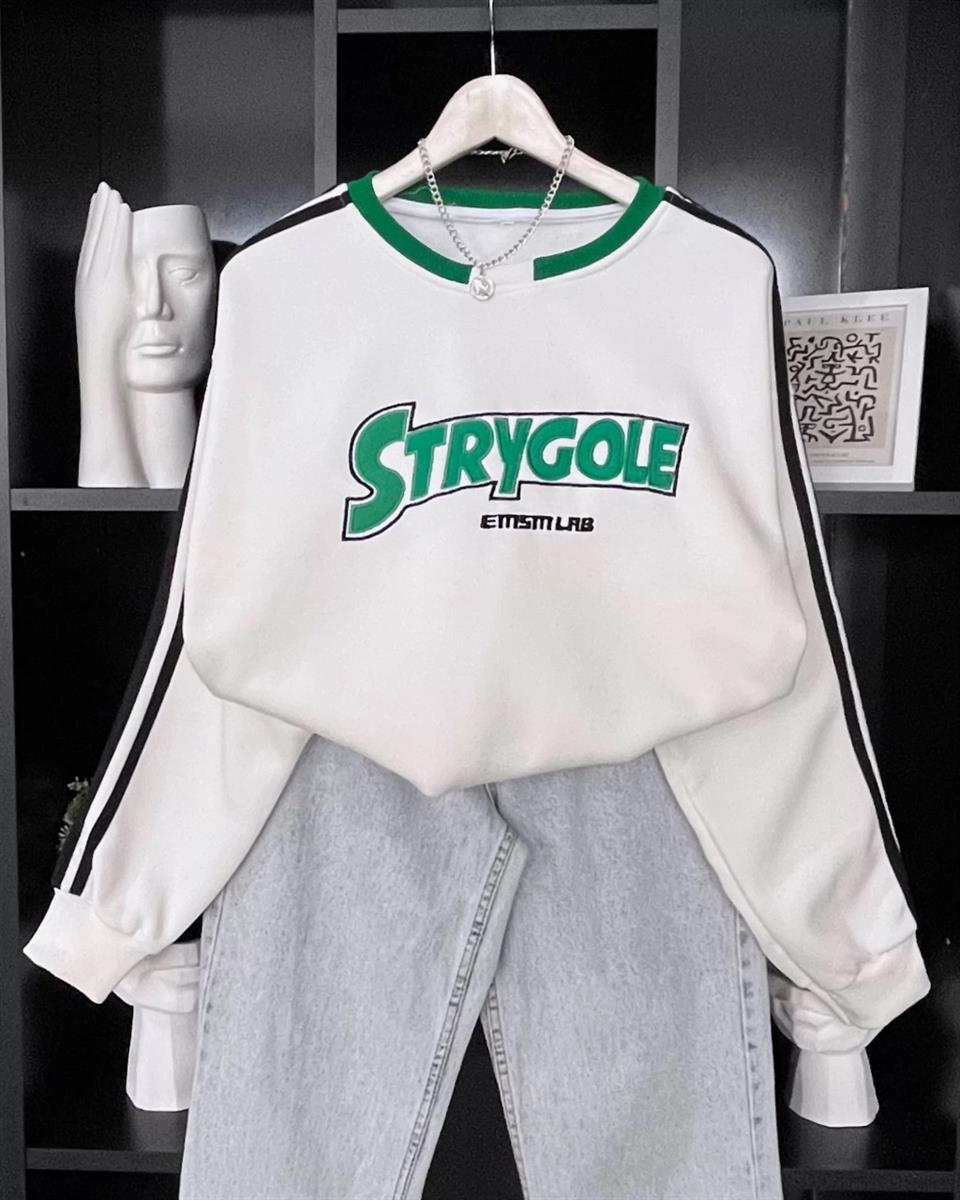 Sokak Tarzı Beyaz Strygole Oversize Unisex Sweatshirt