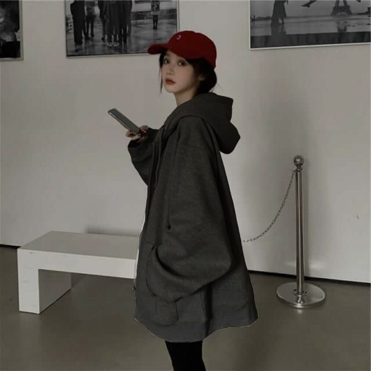 Sokak Tarzı Düz Oversize Antrasit Unisex Kapşonlu Hırka