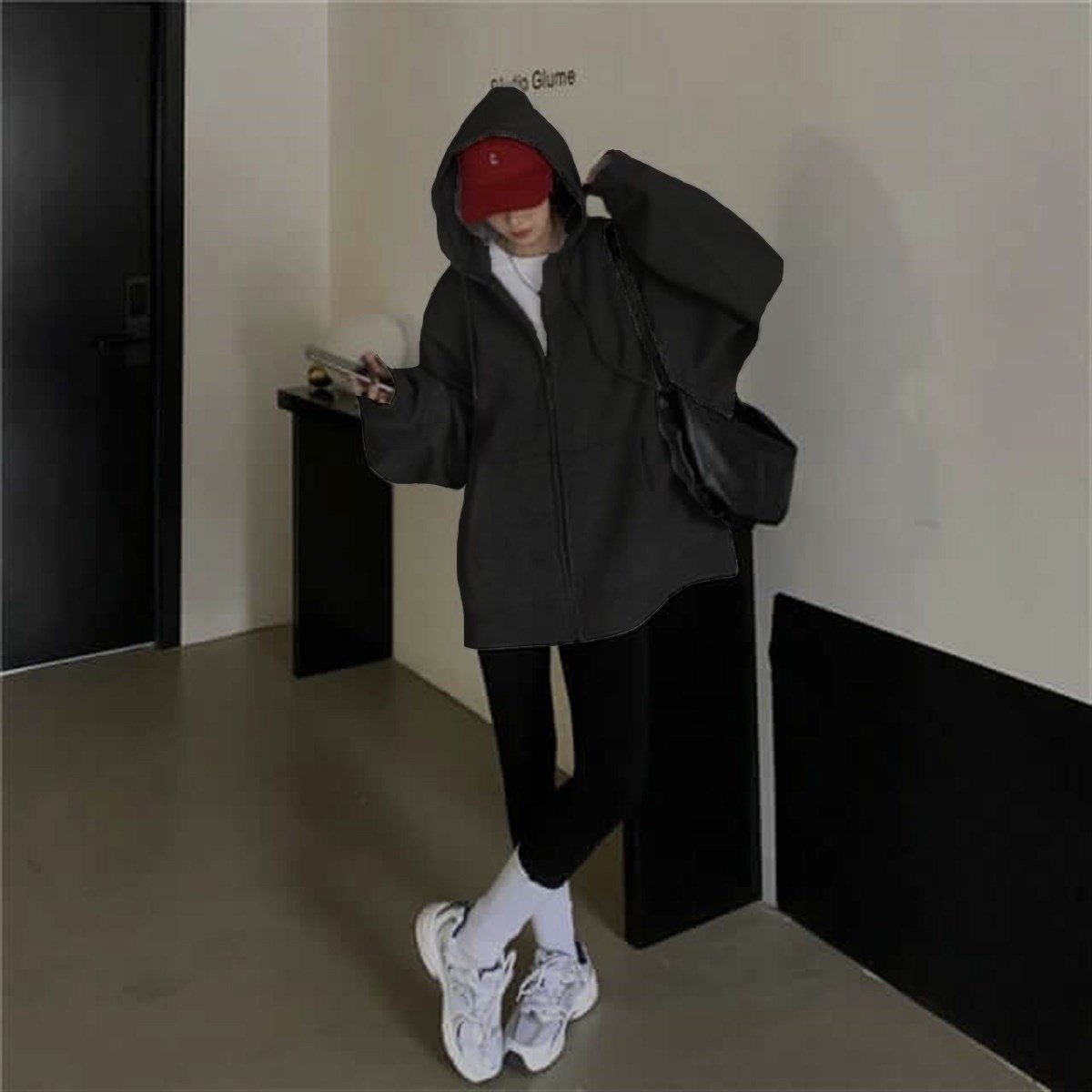 Sokak Tarzı Düz Oversize Antrasit Unisex Kapşonlu Hırka