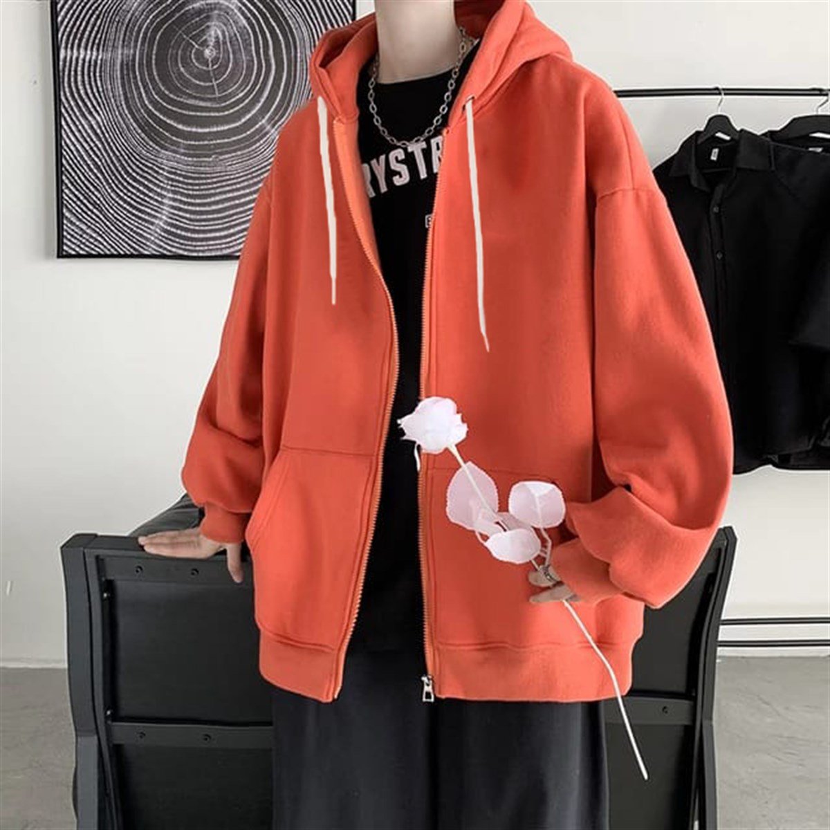 Sokak Tarzı Düz Oversize Turuncu Unisex Kapşonlu Hırka