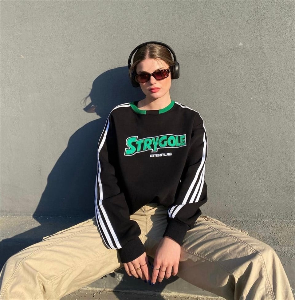 Sokak Tarzı Siyah Strygole Oversize Unisex Sweatshirt