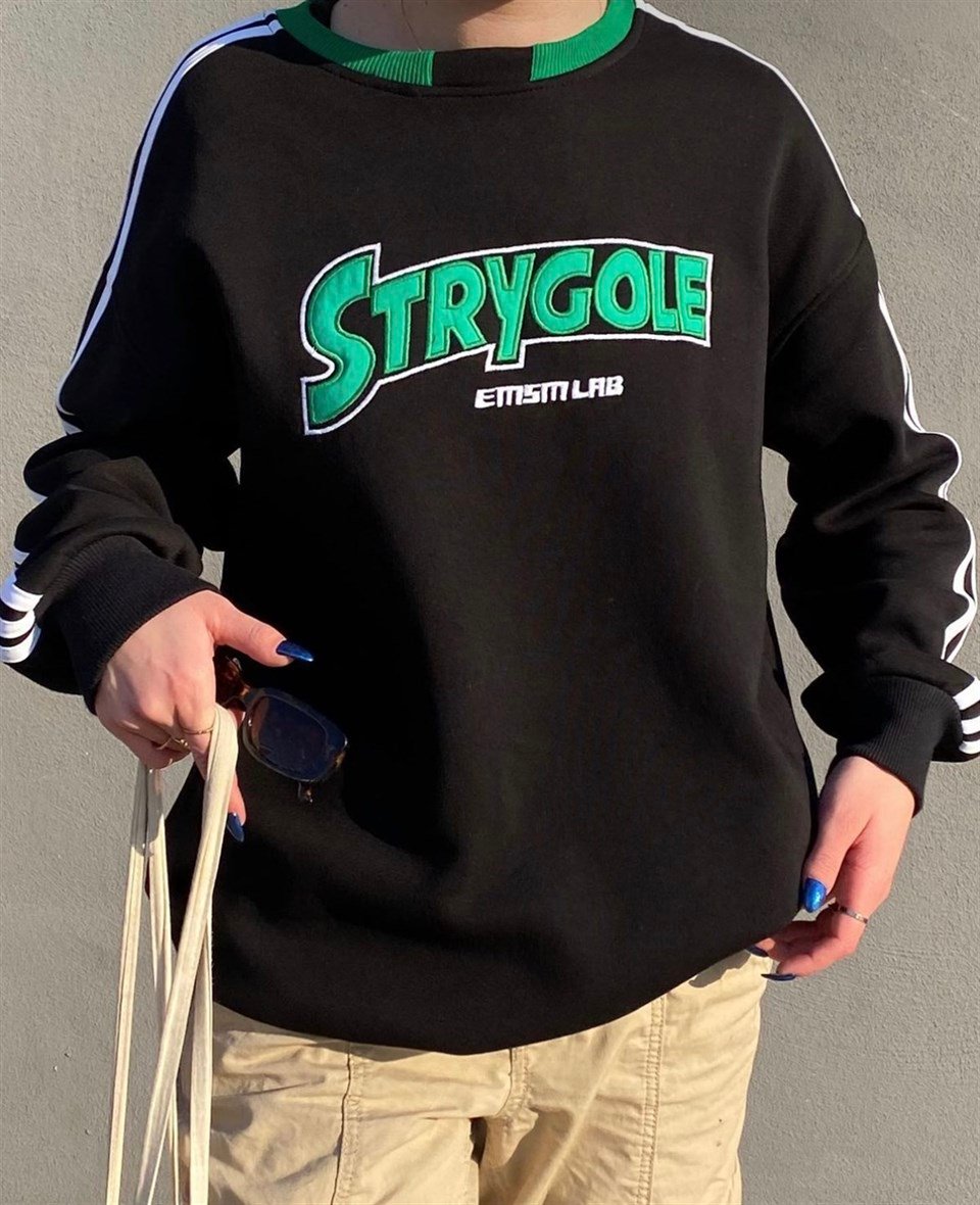 Sokak Tarzı Siyah Strygole Oversize Unisex Sweatshirt