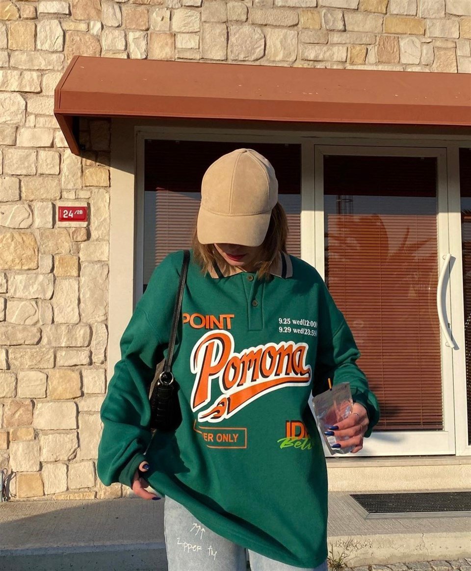 Sokak Tarzı Yeşil Pomona Polo Yaka Oversize Unisex Sweatshirt